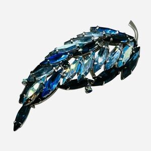 Vintage Austria Blue Rhinestone Leaf Brooch